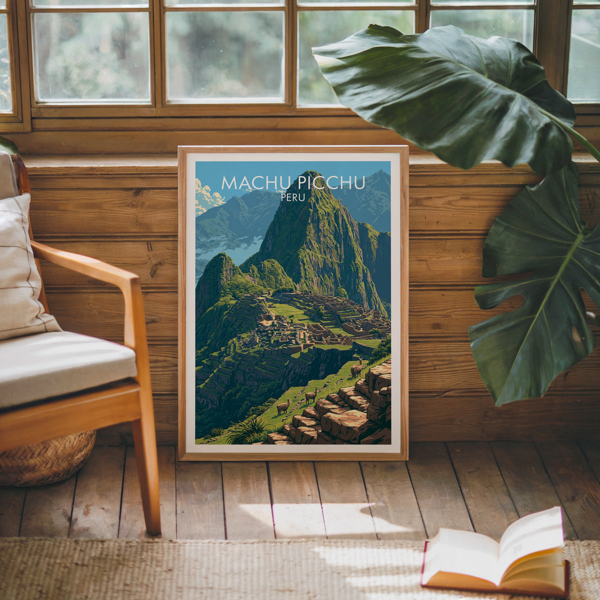 Inca stone city print in an oak frame against pine cabin boards with a cream chair and a monstera leaf