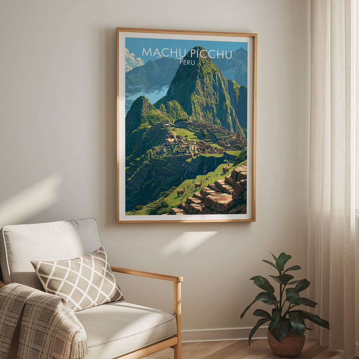 Machu Picchu poster in an oak frame over a cream armchair with checked cushion, sheer curtains and plant