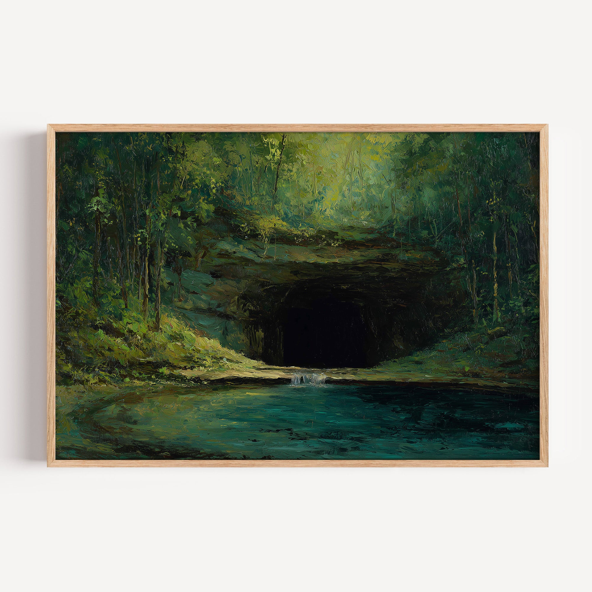 Mammoth Cave National Park oil painting print in an oak frame: a cave mouth in green forest