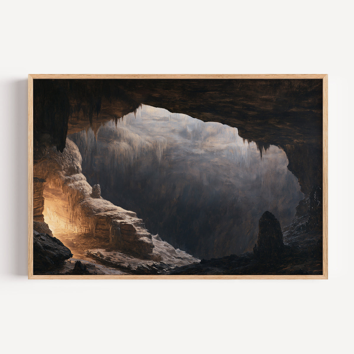 Mammoth Cave classical oil painting print in an oak frame: a vast cave chamber lit warm