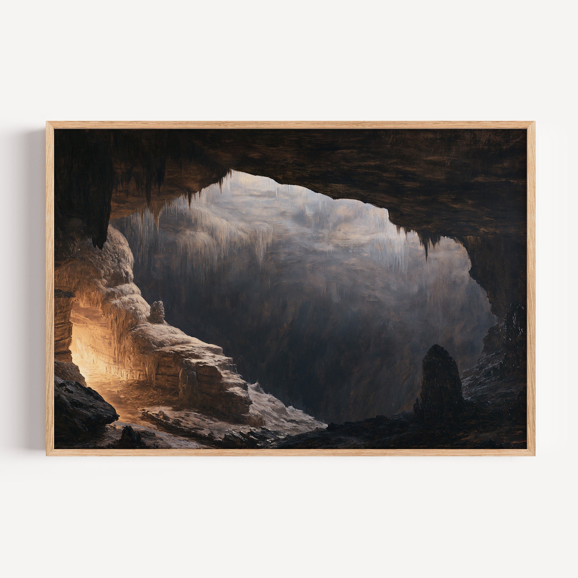 Mammoth Cave classical oil painting print in an oak frame: a vast cave chamber lit warm