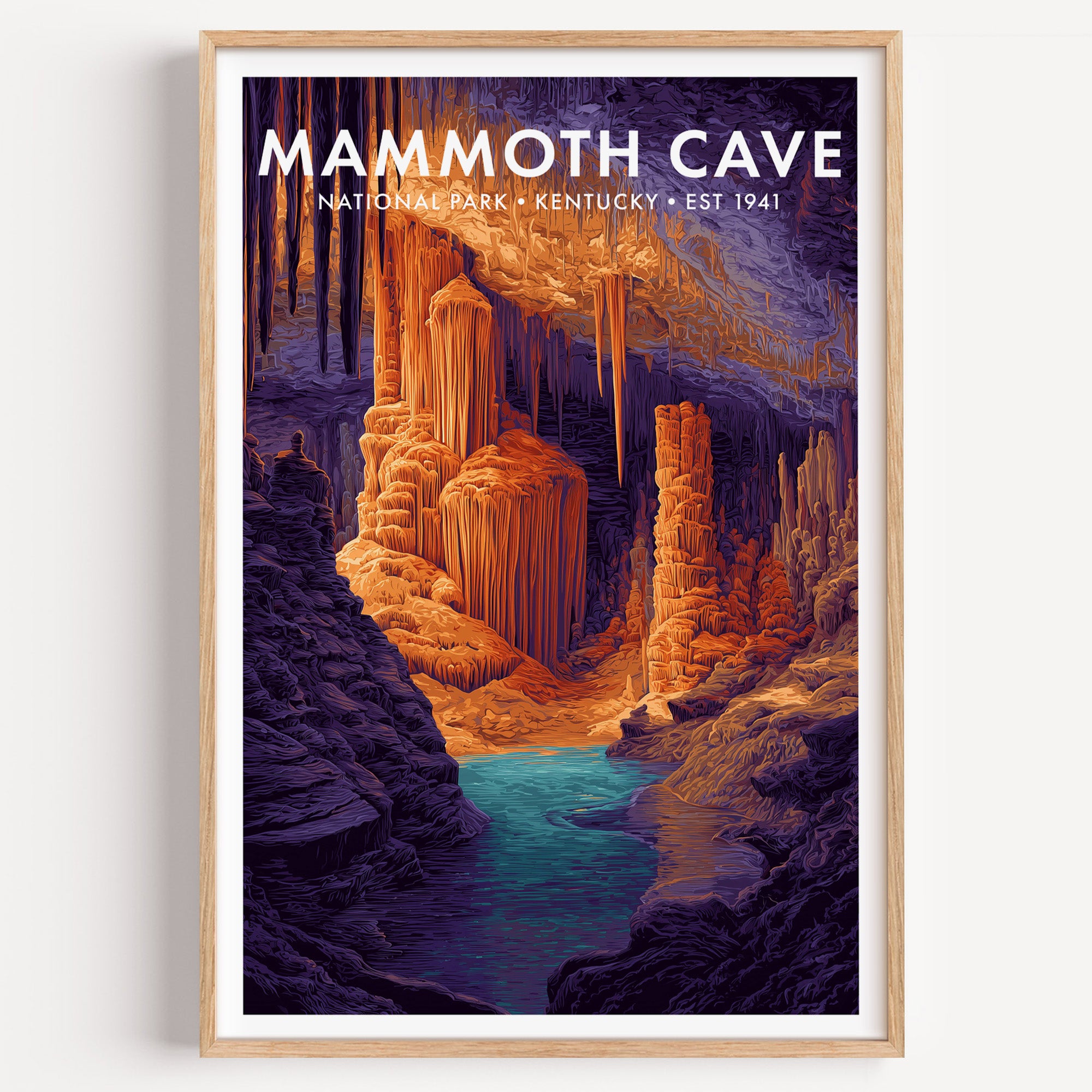 Mammoth Cave National Park mid-century modern art print — amber-lit flowstone columns rising against deep violet shadow