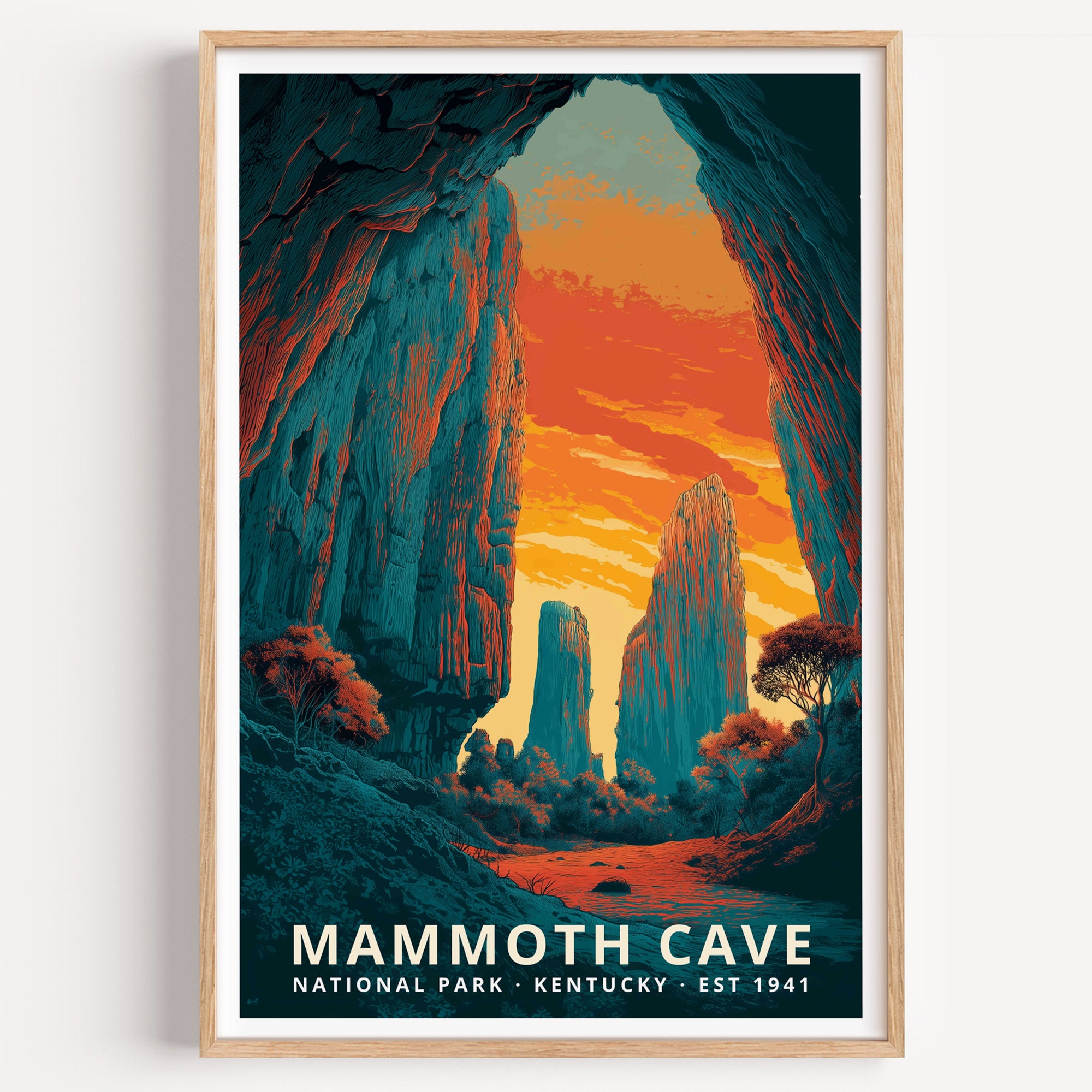 Mammoth Cave National Park retro travel poster — a cave mouth framing rock formations against a burning orange sky, Kentucky