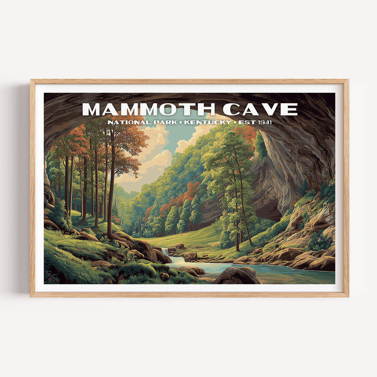 The historic cave entrance arching over a green forested valley and stream — Mammoth Cave National Park vintage WPA travel poster print