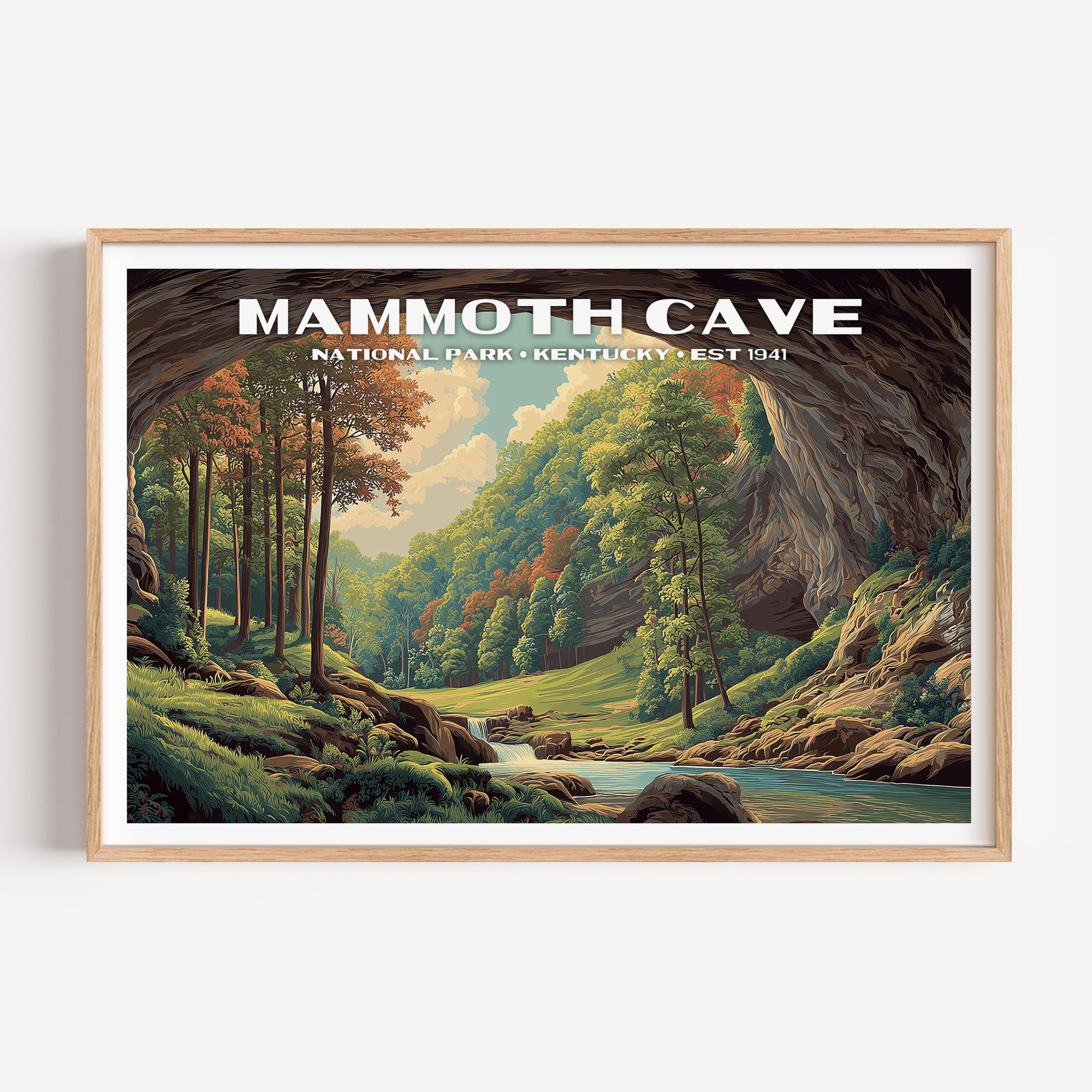 The historic cave entrance arching over a green forested valley and stream — Mammoth Cave National Park vintage WPA travel poster print