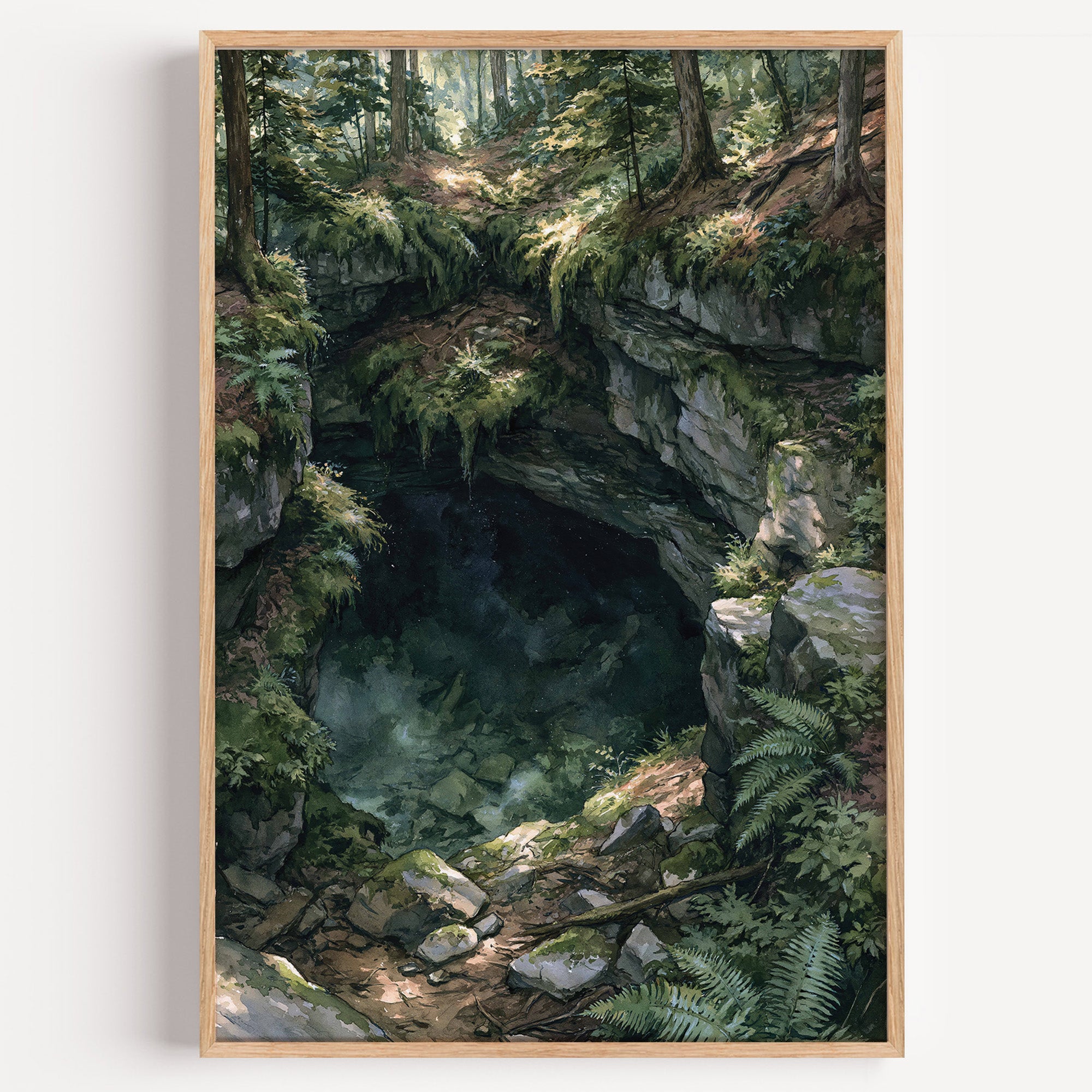 Mammoth Cave National Park watercolor art print: fern-hung limestone sinkhole dropping into green-black shadow