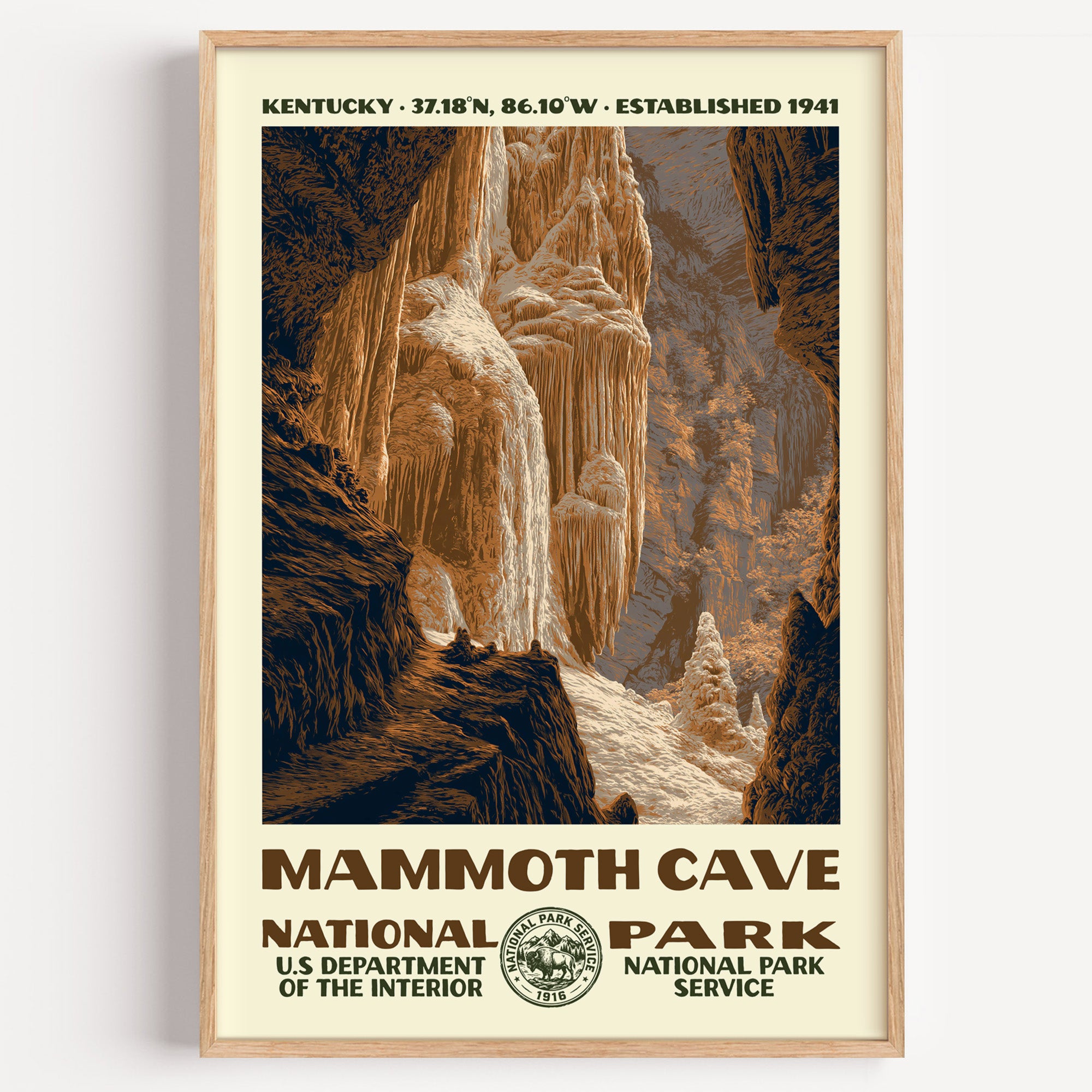 Mammoth Cave National Park vintage WPA poster in a wood frame, flowstone draperies glowing in an immense underground chamber