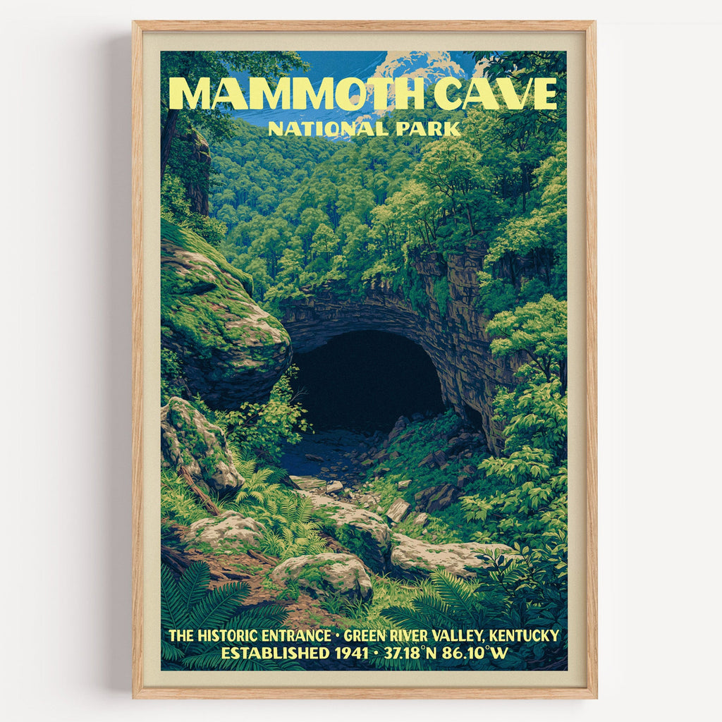 Mammoth Cave Historic Entrance vintage poster in a light oak frame on a plain white wall