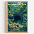 Mammoth Cave Historic Entrance vintage poster in a light oak frame on a plain white wall