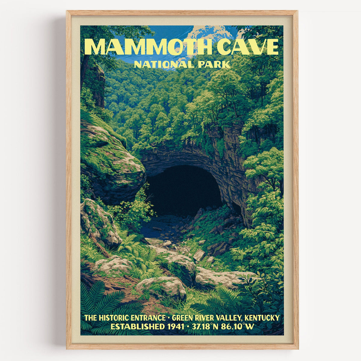 Mammoth Cave Historic Entrance vintage poster in a light oak frame on a plain white wall