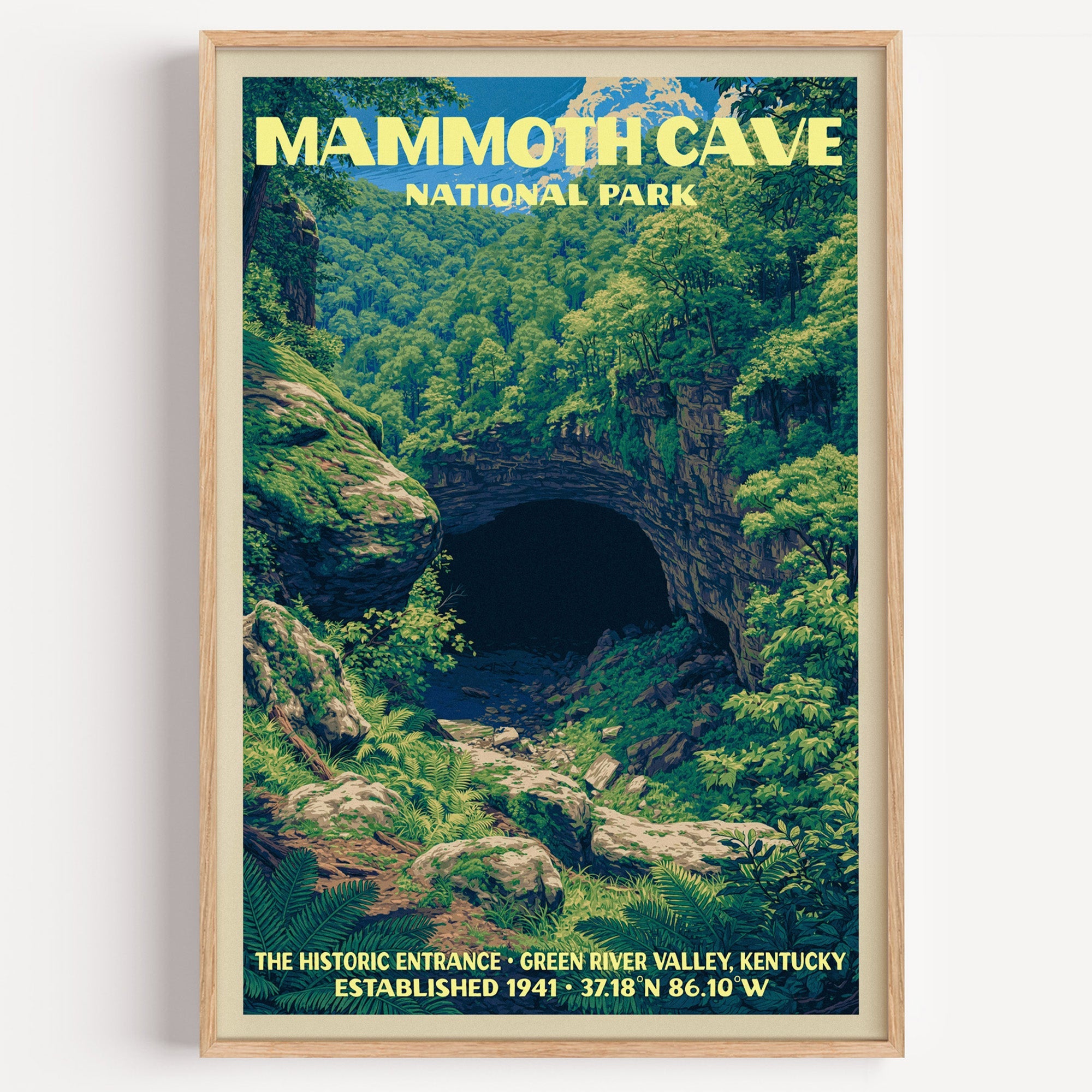Mammoth Cave Historic Entrance vintage poster in a light oak frame on a plain white wall