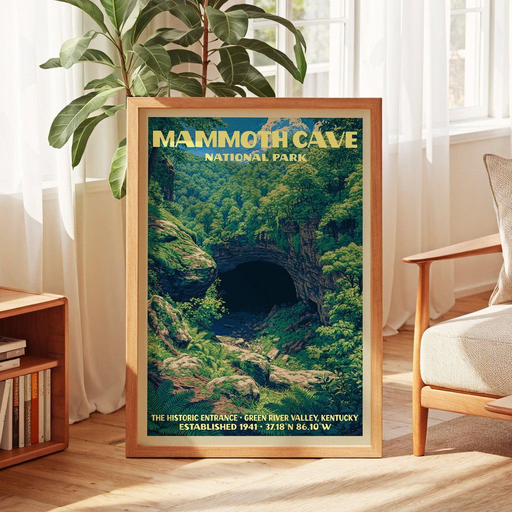 Mammoth Cave vintage poster in oak, leaning by a sunlit window with sheer curtains and a low bookshelf
