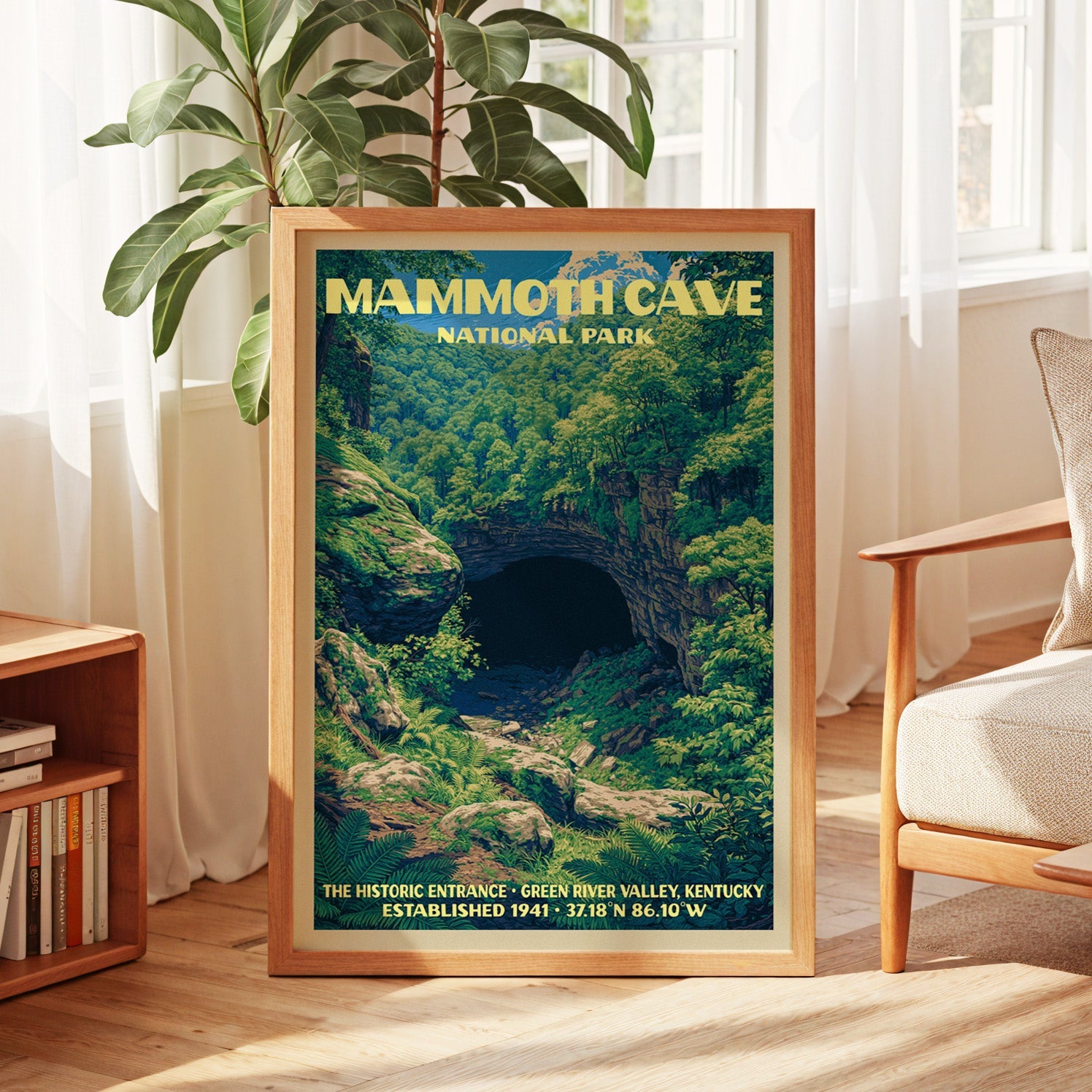 Mammoth Cave vintage poster in oak, leaning by a sunlit window with sheer curtains and a low bookshelf