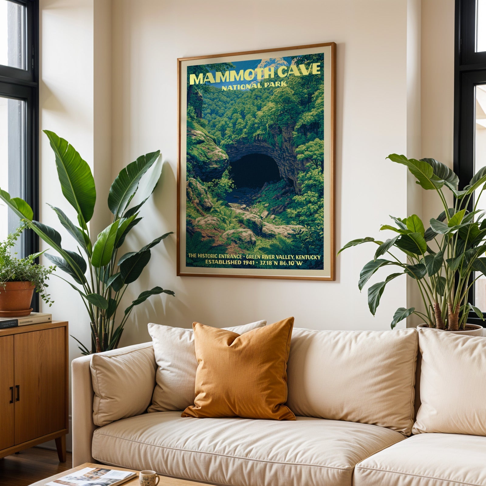 Mammoth Cave vintage travel print in oak above a cream sofa with a rust cushion and tall houseplants