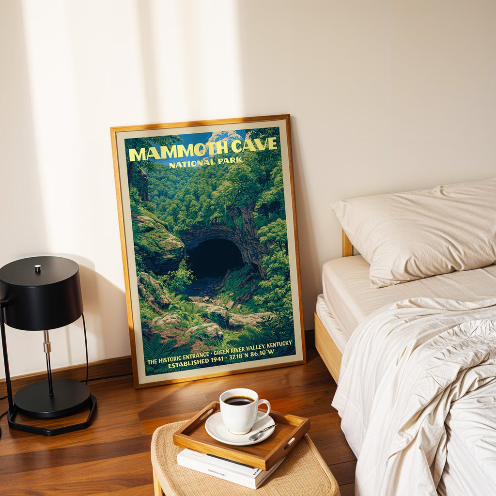 Mammoth Cave Historic Entrance poster in a gold frame on the floor beside a made bed and a black table lamp