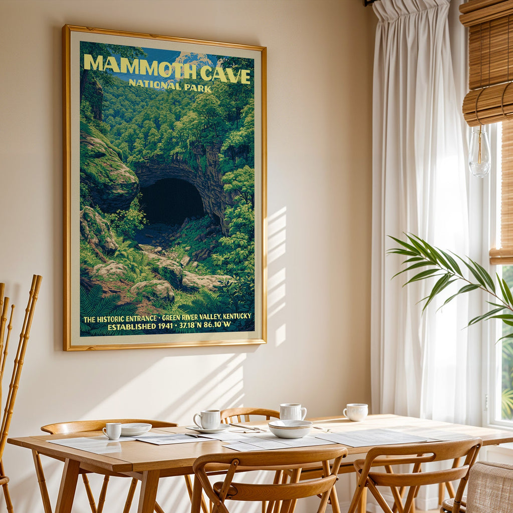 Mammoth Cave National Park print in gold above a light oak dining table by a curtained window
