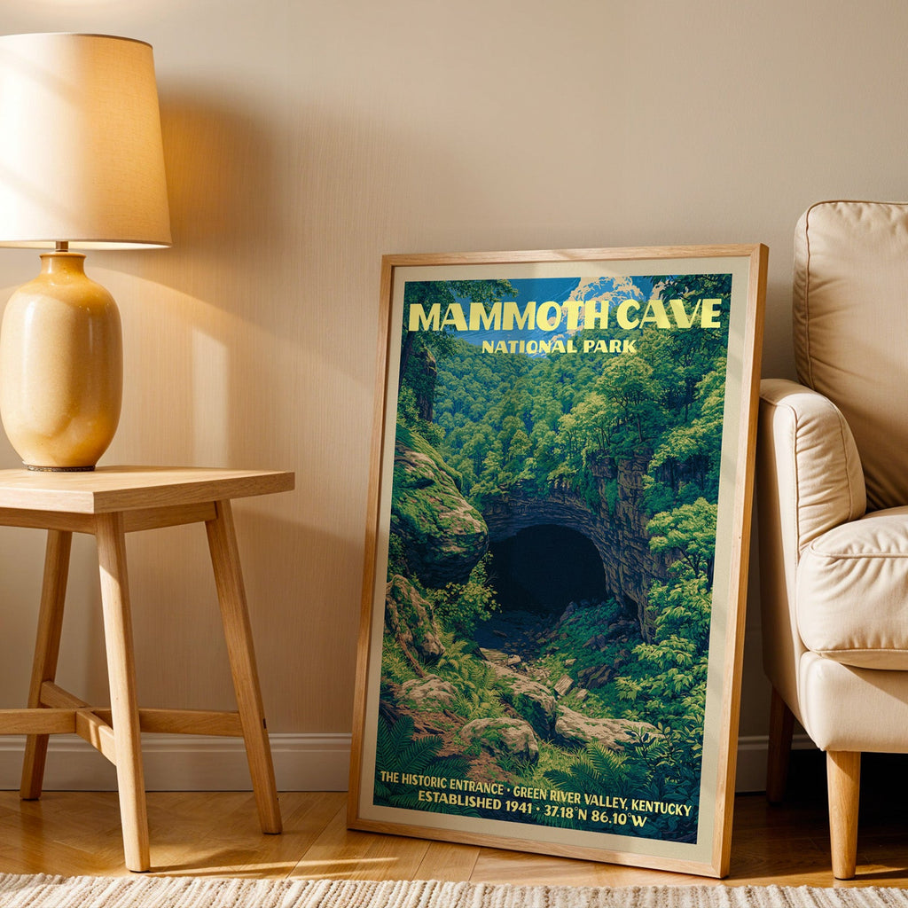 Historic Entrance Mammoth Cave wall art in oak, leaning by an armchair and a side table with an ochre lamp