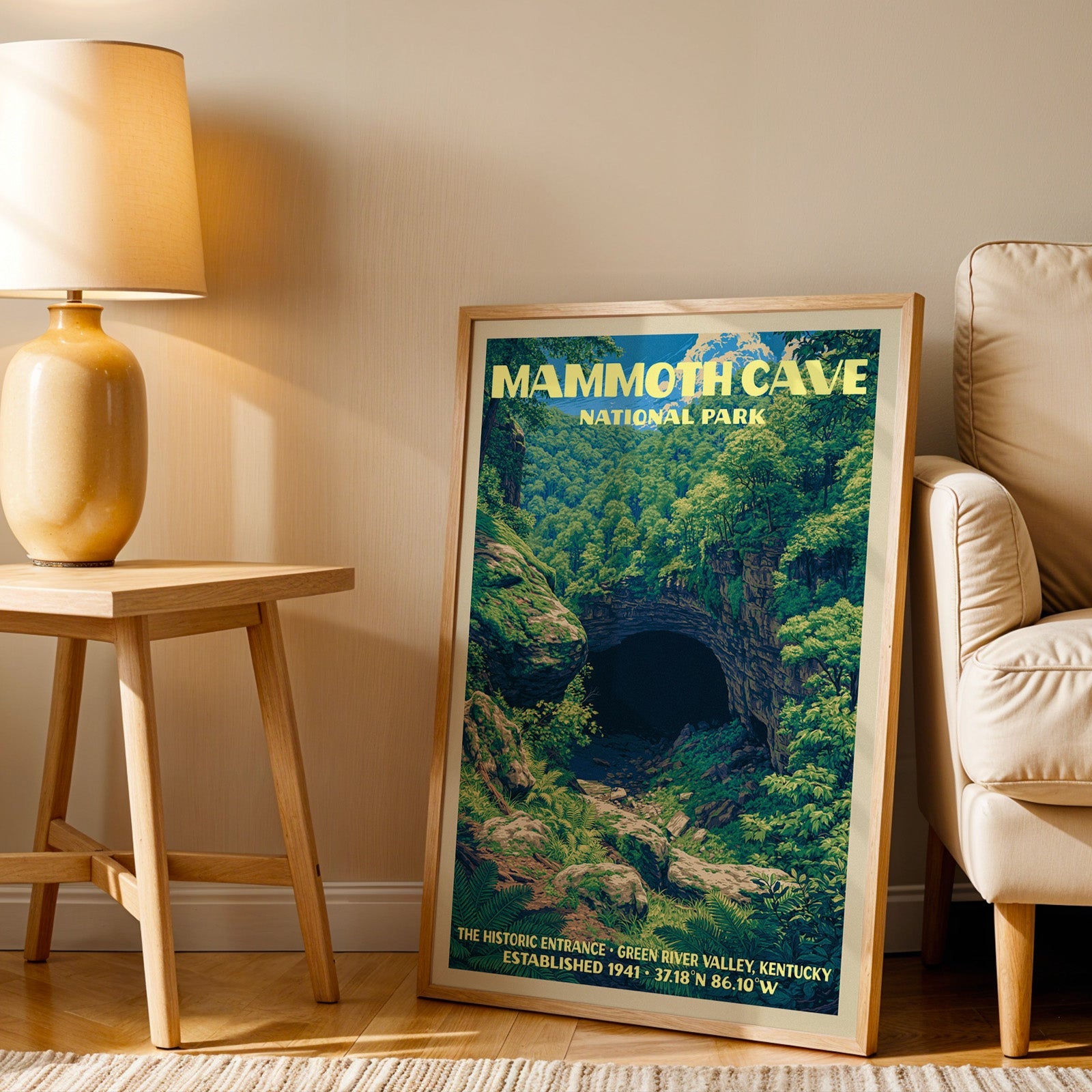 Historic Entrance Mammoth Cave wall art in oak, leaning by an armchair and a side table with an ochre lamp
