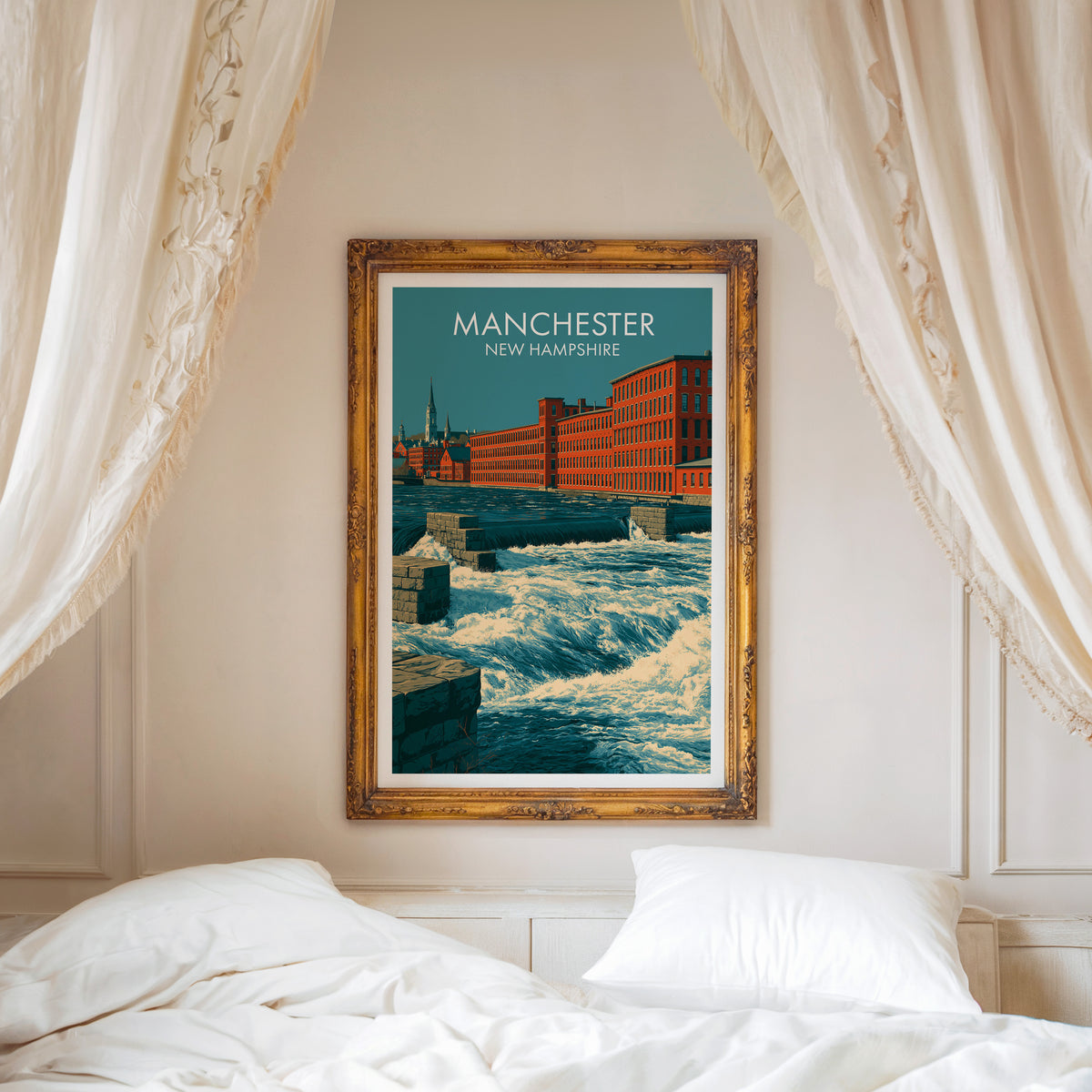 Manchester falls artwork in a carved gold frame above a white bed with linen canopy drapes