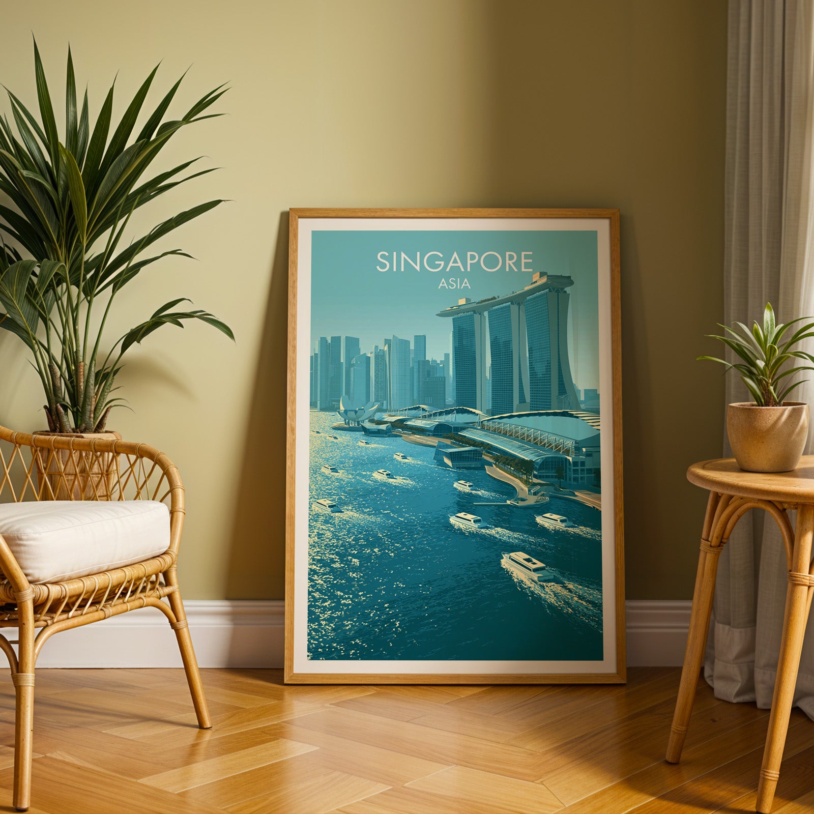Large Marina Bay Sands Singapore travel print in an oak frame leaning on a herringbone floor next to a rattan chair