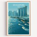 Marina Bay Sands Singapore travel poster in a natural wood frame, shown against a clean white wall
