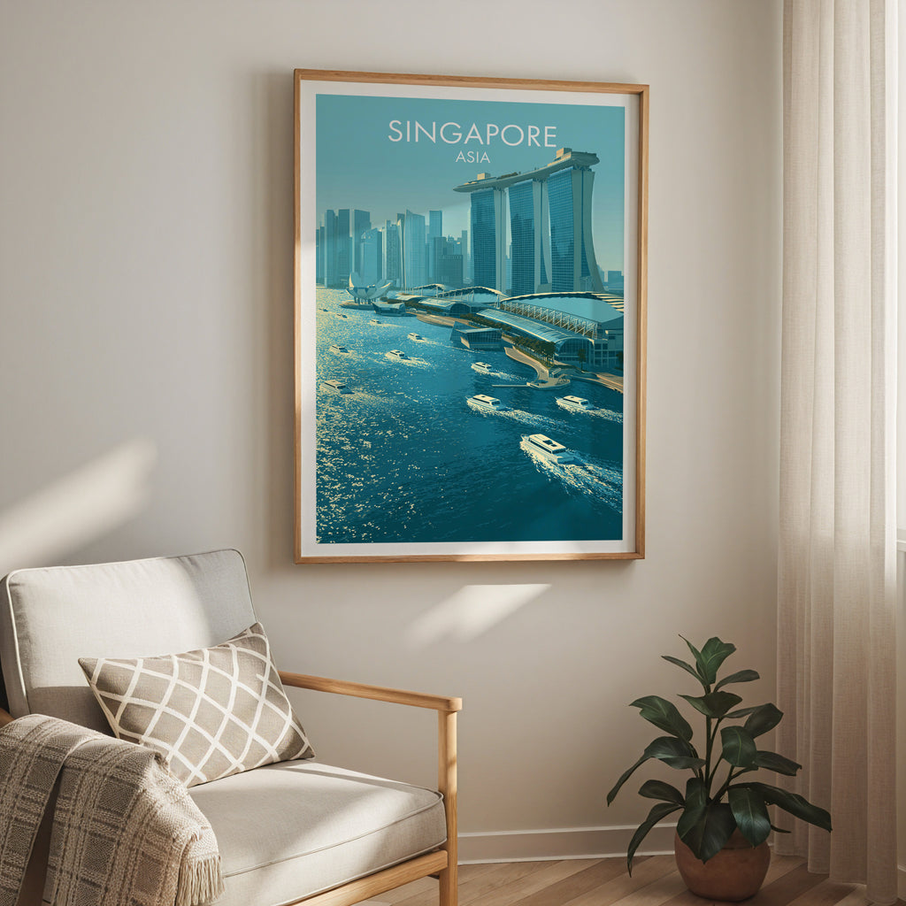 Marina Bay Sands Singapore travel print in a light oak frame on a living room wall beside a linen armchair