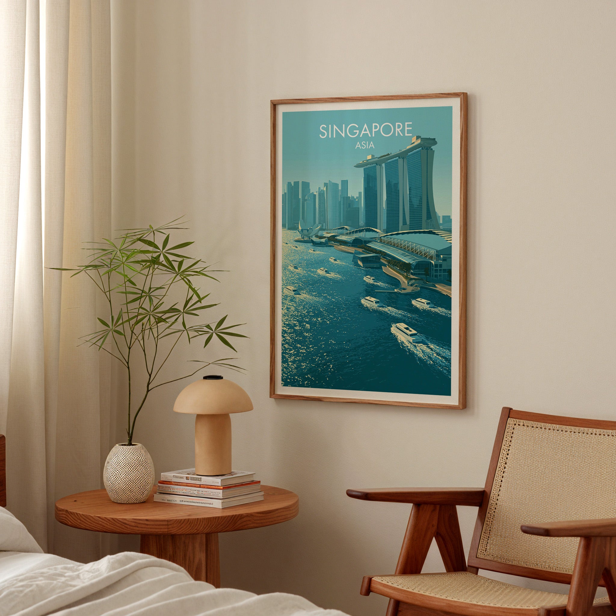 Marina Bay Sands Singapore poster above a bedroom nightstand with a bamboo plant and mushroom lamp