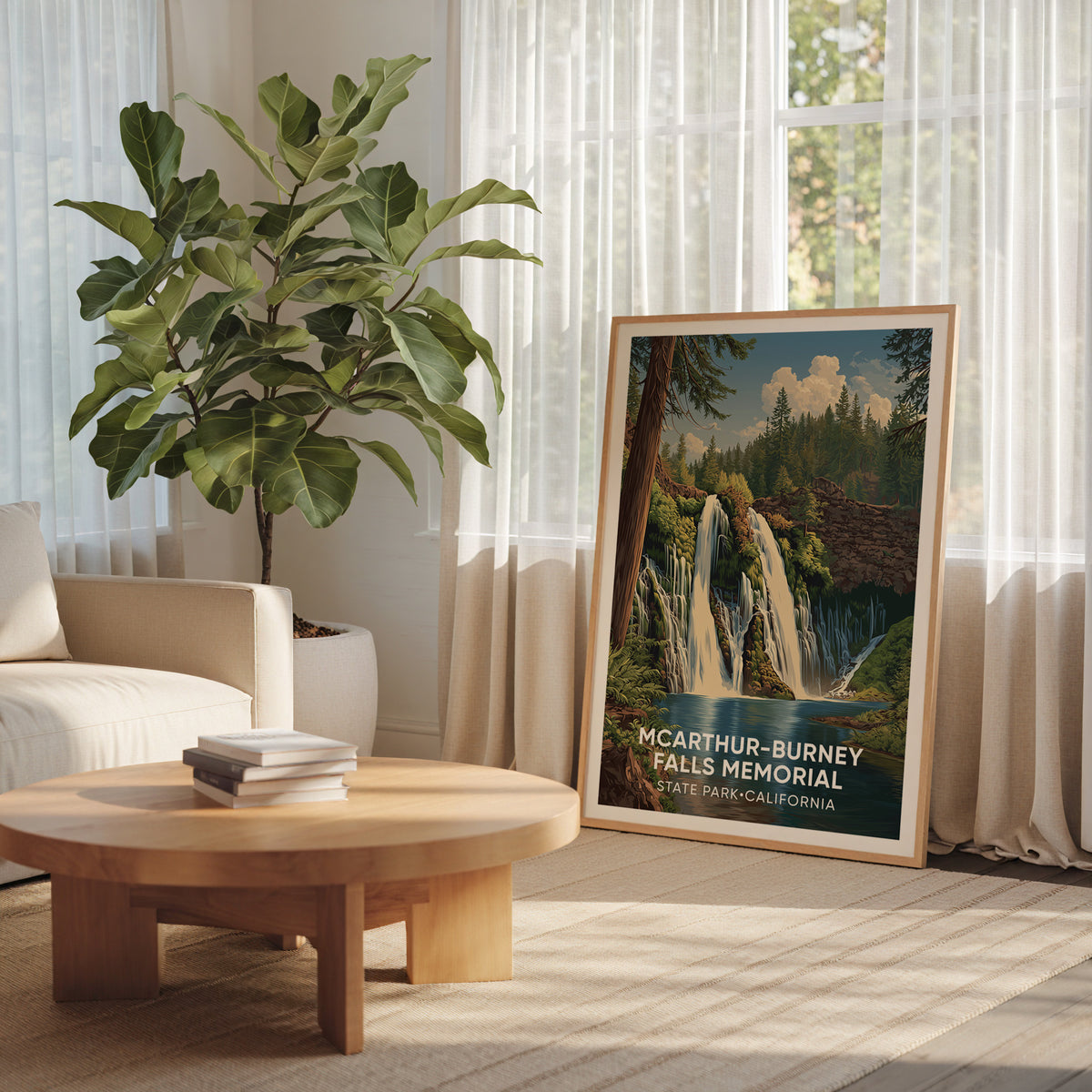 Mossy basalt falls print in oak beside a large leafy plant and a round wooden coffee table