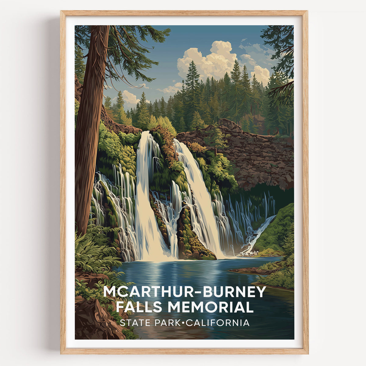 McArthur-Burney Falls travel poster in an oak frame, photographed flat against a plain white wall