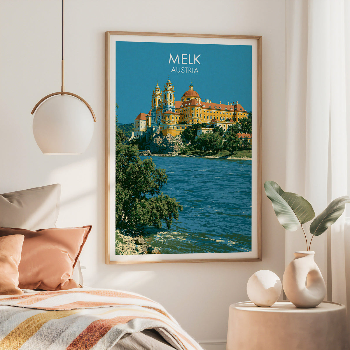 Melk Abbey wall art, large oak frame above a bed with rust bedding and a brass globe pendant