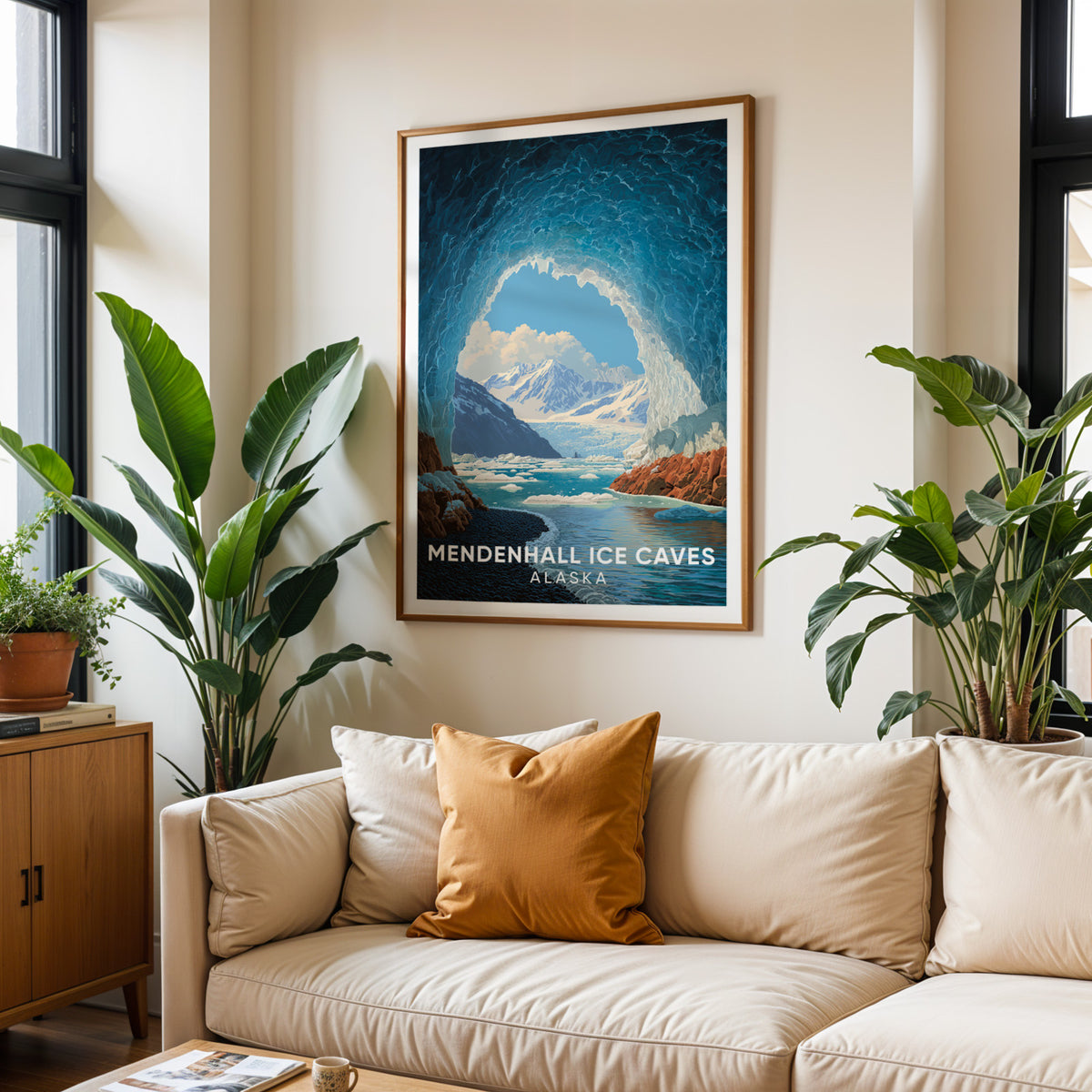 Mendenhall Ice Caves wall art above a cream sofa with clay cushions and two big tropical plants