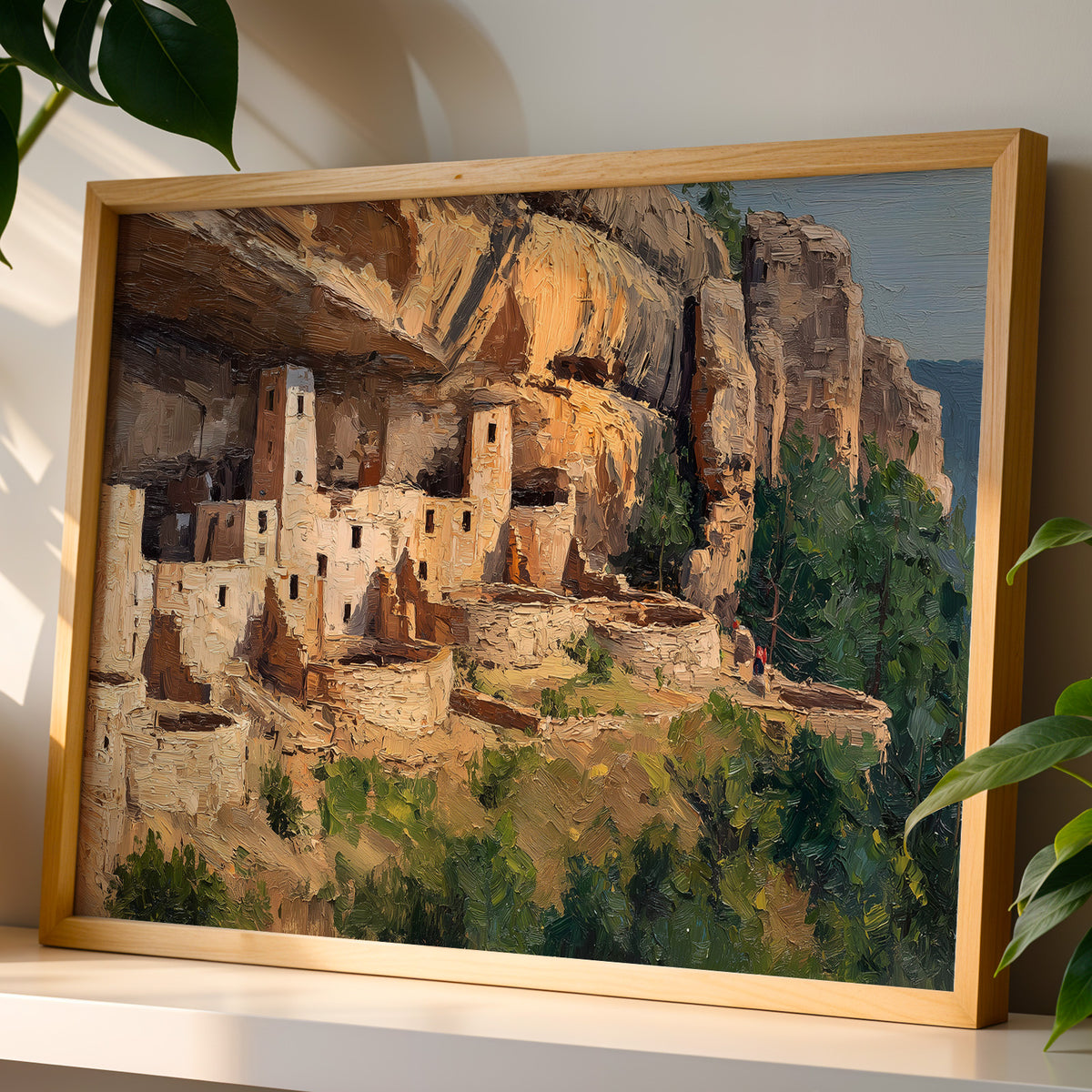 Mesa Verde oil painting wall art in an oak frame above a mid-century walnut sideboard