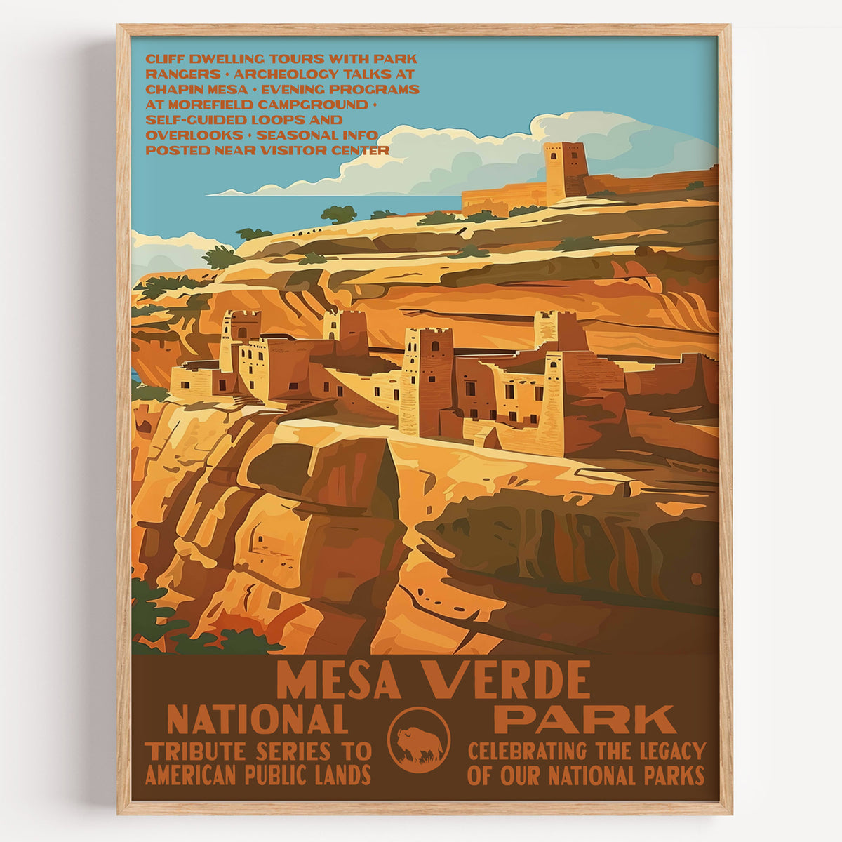 Mesa Verde National Park wall art print in a thin wood frame, the Cliff Palace dwellings set into their sandstone alcove