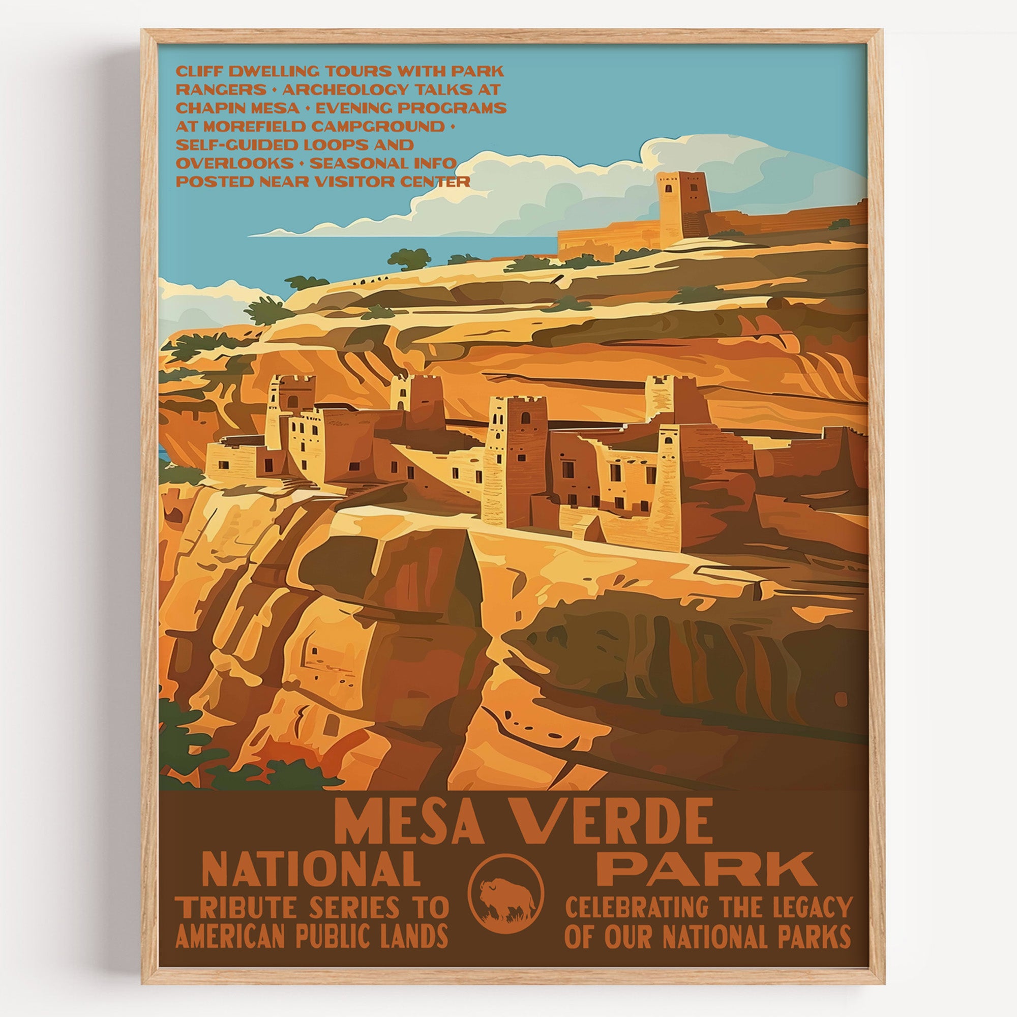 Mesa Verde National Park wall art print in a thin wood frame, the Cliff Palace dwellings set into their sandstone alcove