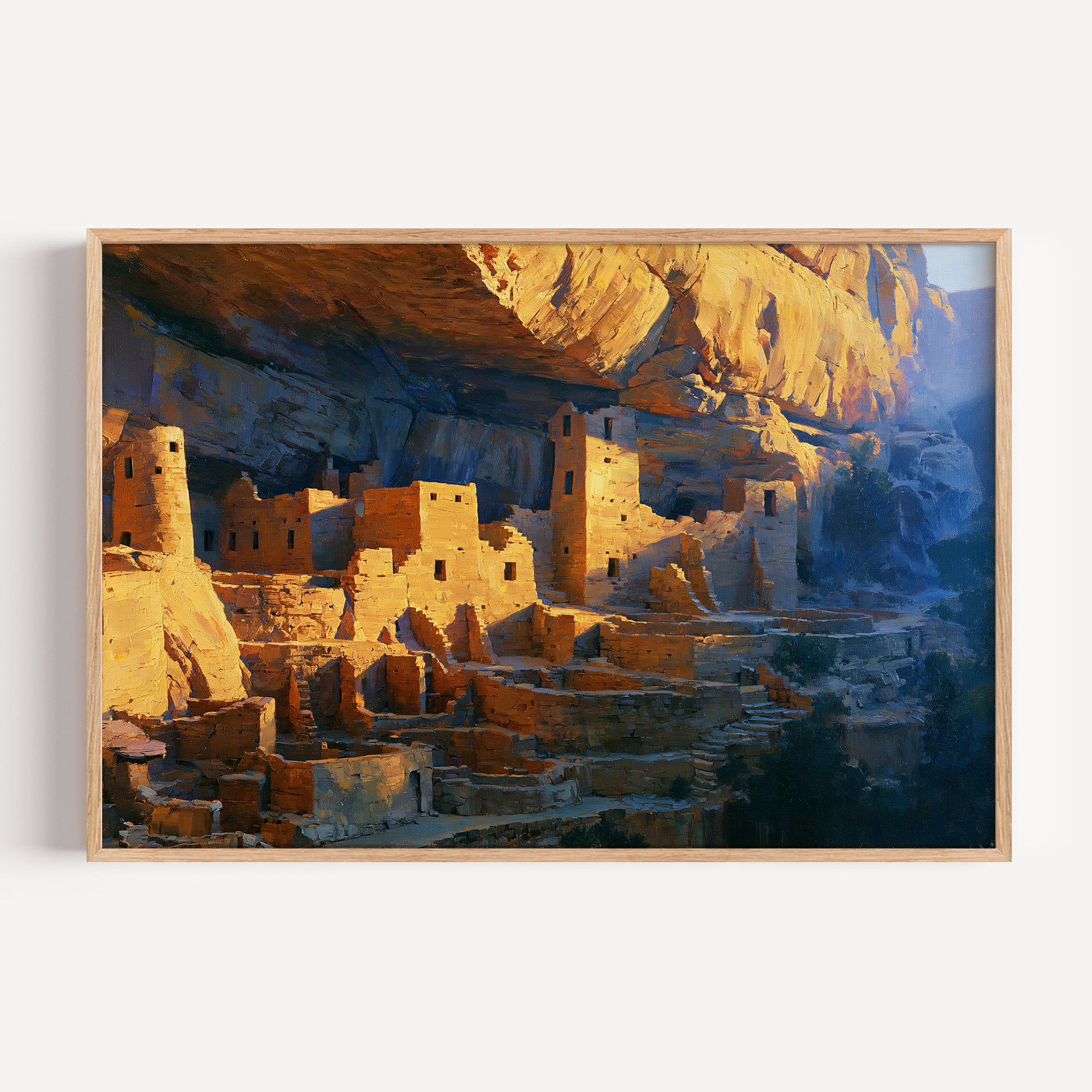 Mesa Verde classical oil painting print in an oak frame: Cliff Palace glowing in its alcove