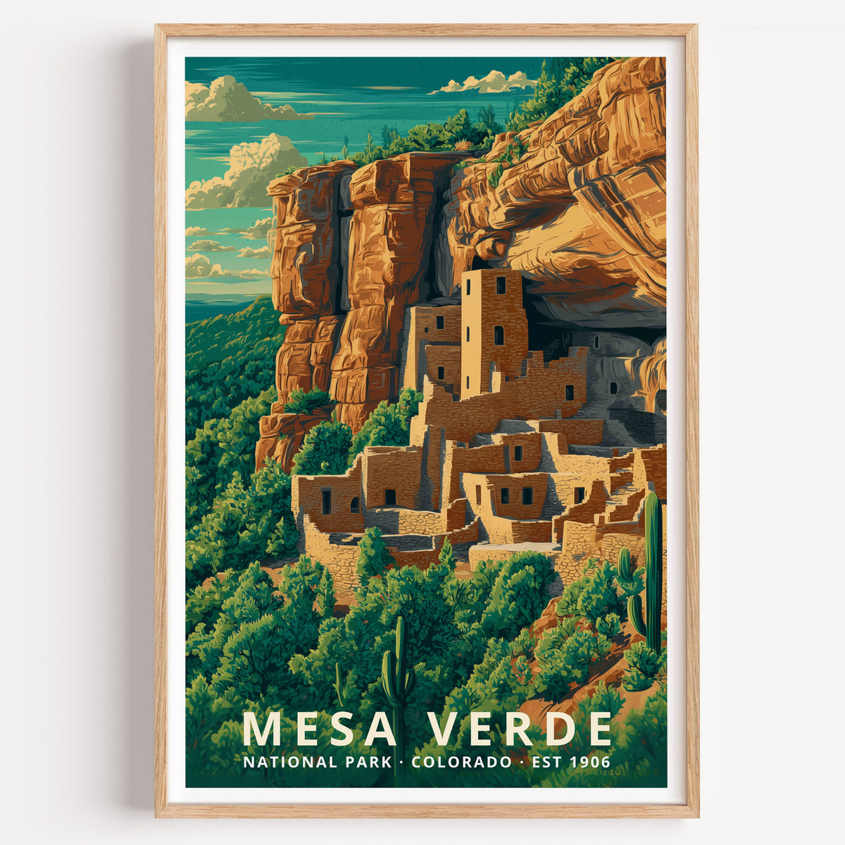 Mesa Verde National Park retro travel poster — Cliff Palace's stone dwellings tucked beneath a sandstone alcove, Colorado