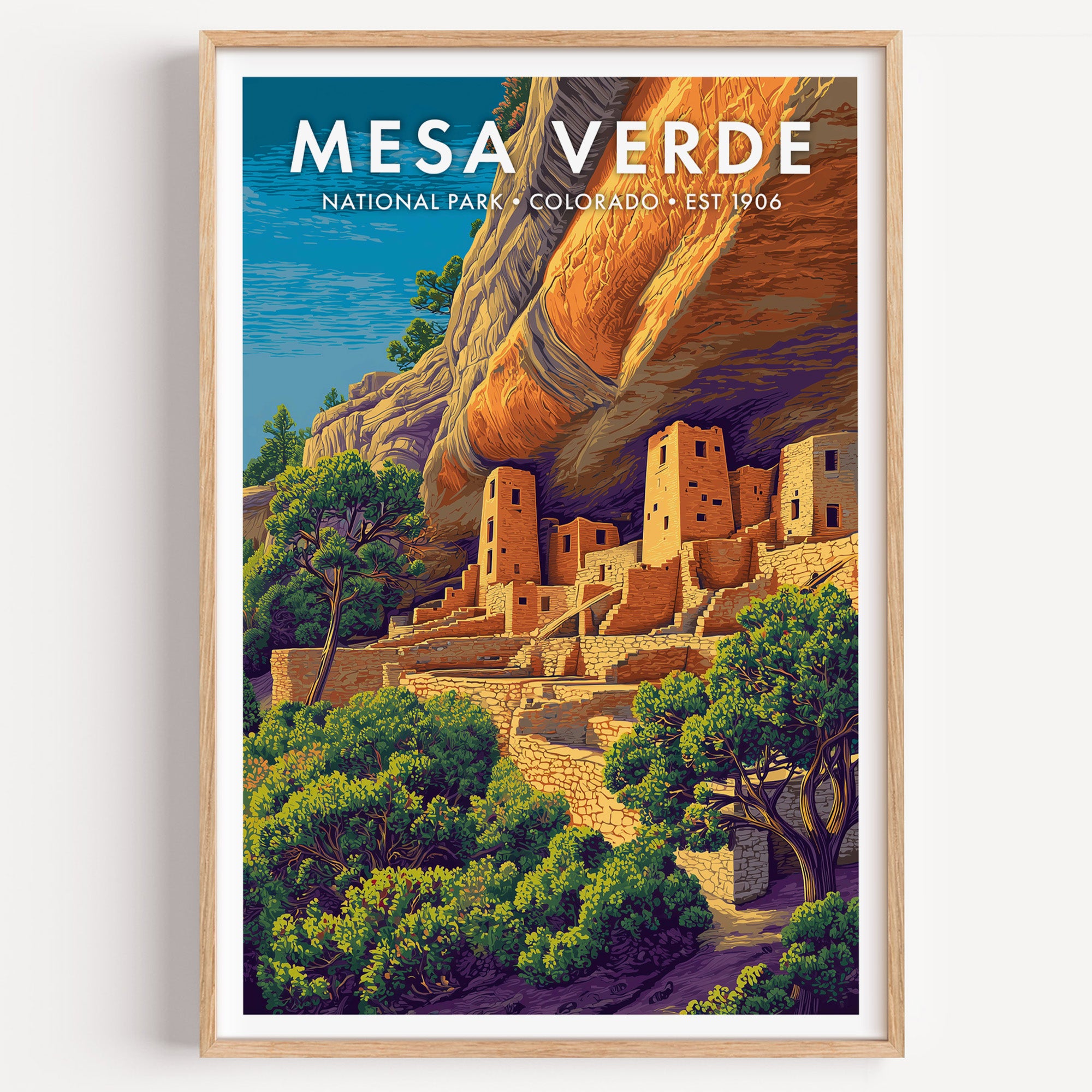 Mesa Verde National Park mid-century modern art print — an Ancestral Puebloan cliff dwelling tucked into a sandstone alcove