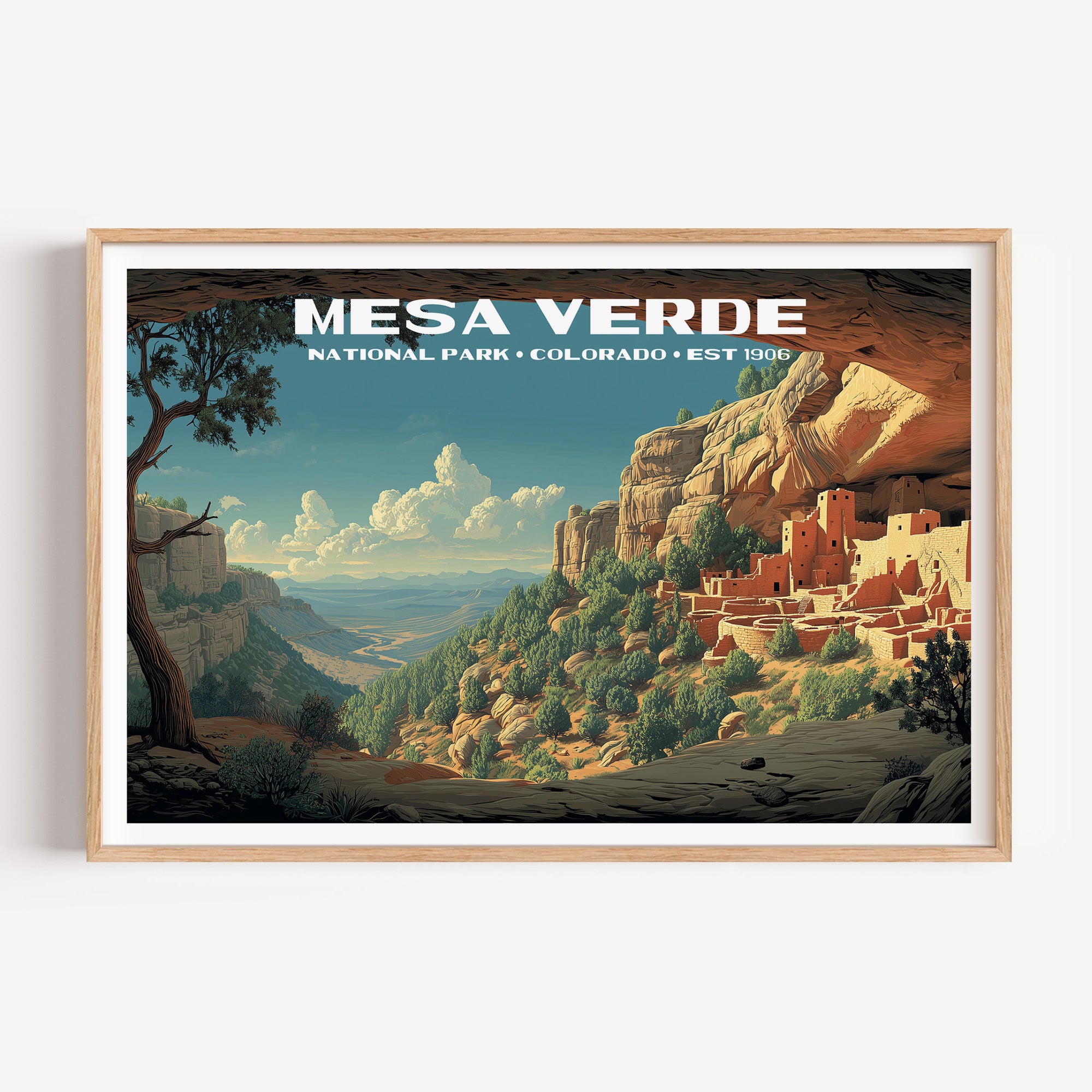 The Cliff Palace dwellings tucked beneath a sandstone alcove above the canyon — Mesa Verde National Park vintage WPA travel poster print