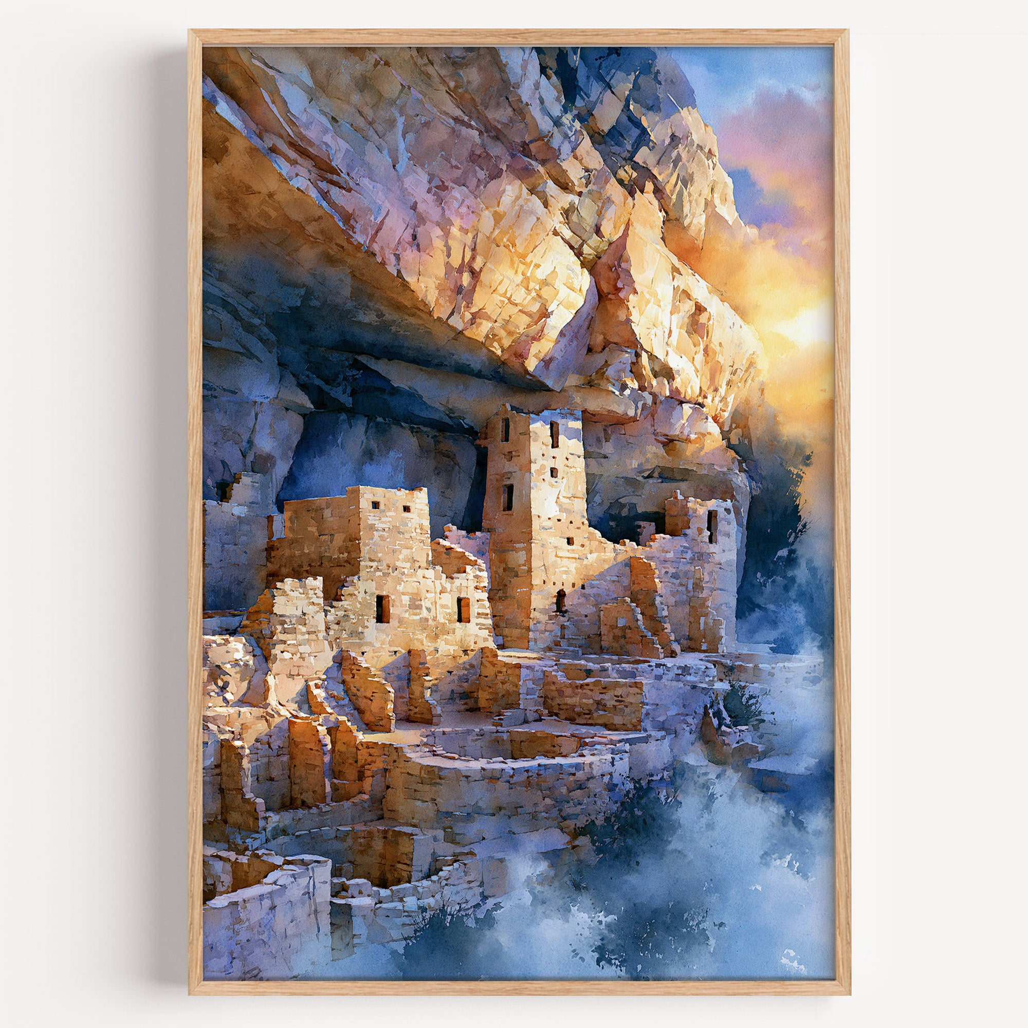 Mesa Verde National Park watercolor art print: Cliff Palace ruins glowing under a golden sandstone alcove