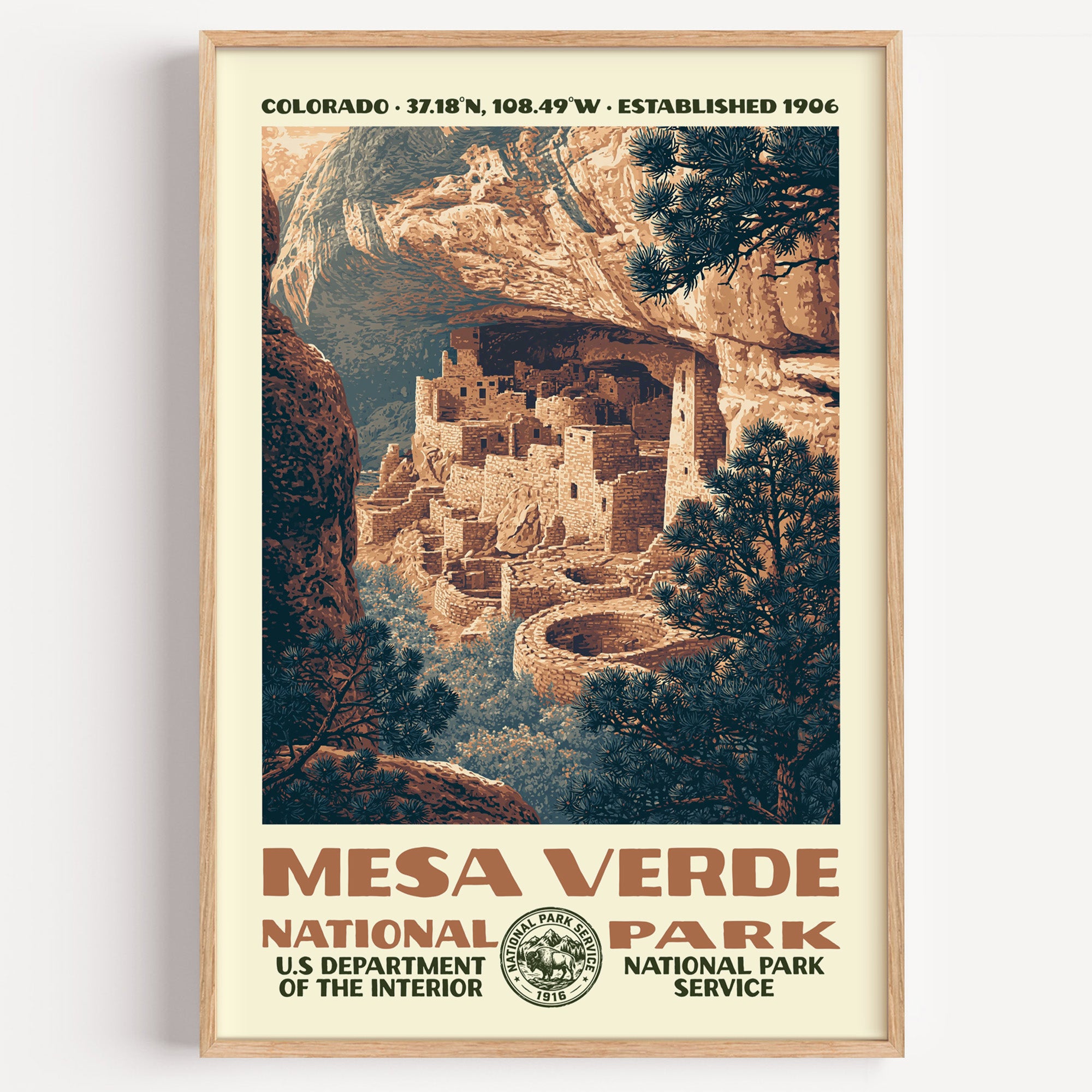 Mesa Verde National Park vintage WPA poster in a wood frame, Cliff Palace tucked into a sandstone alcove