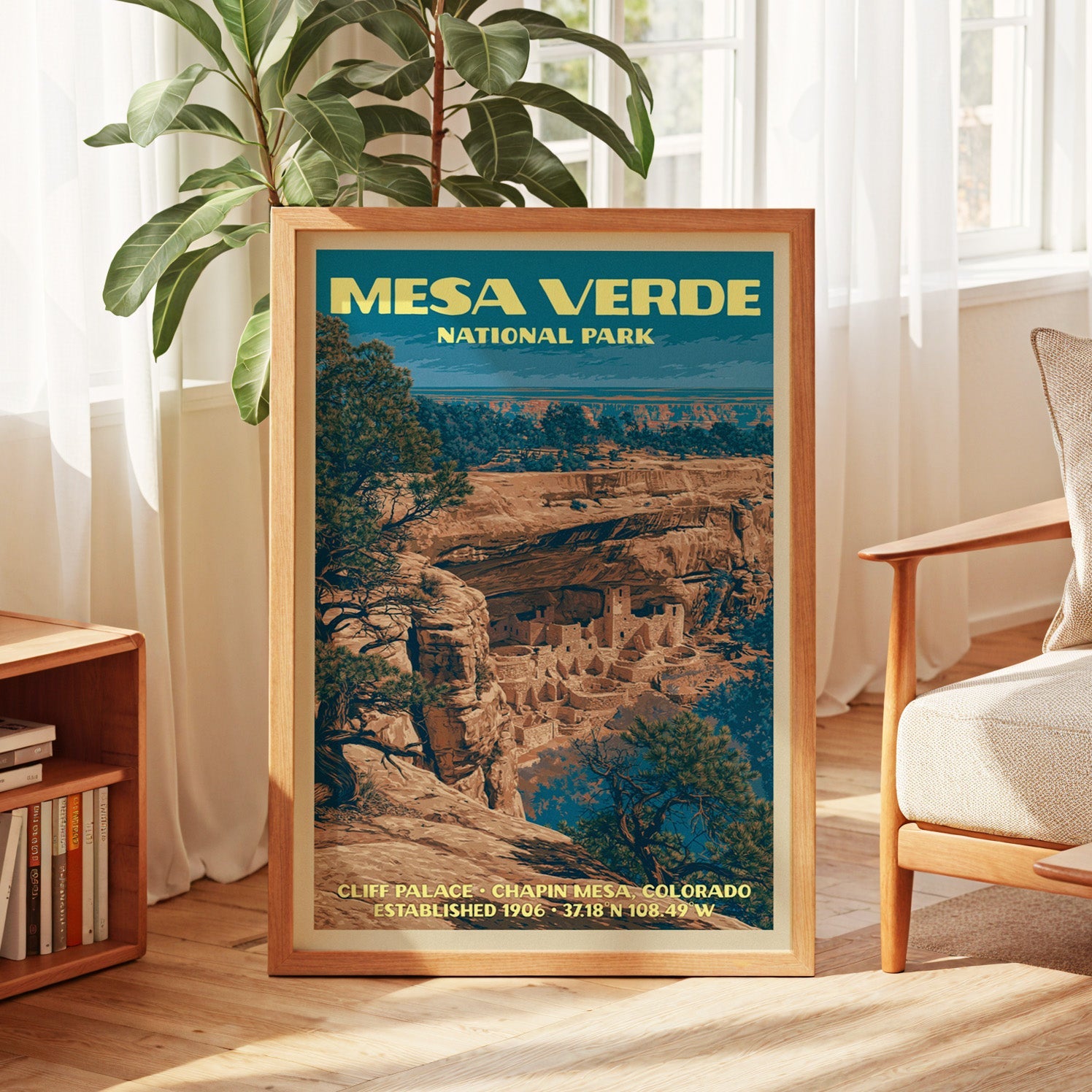 Mesa Verde vintage poster in oak, leaning by a sunlit window with sheer curtains and a low bookshelf