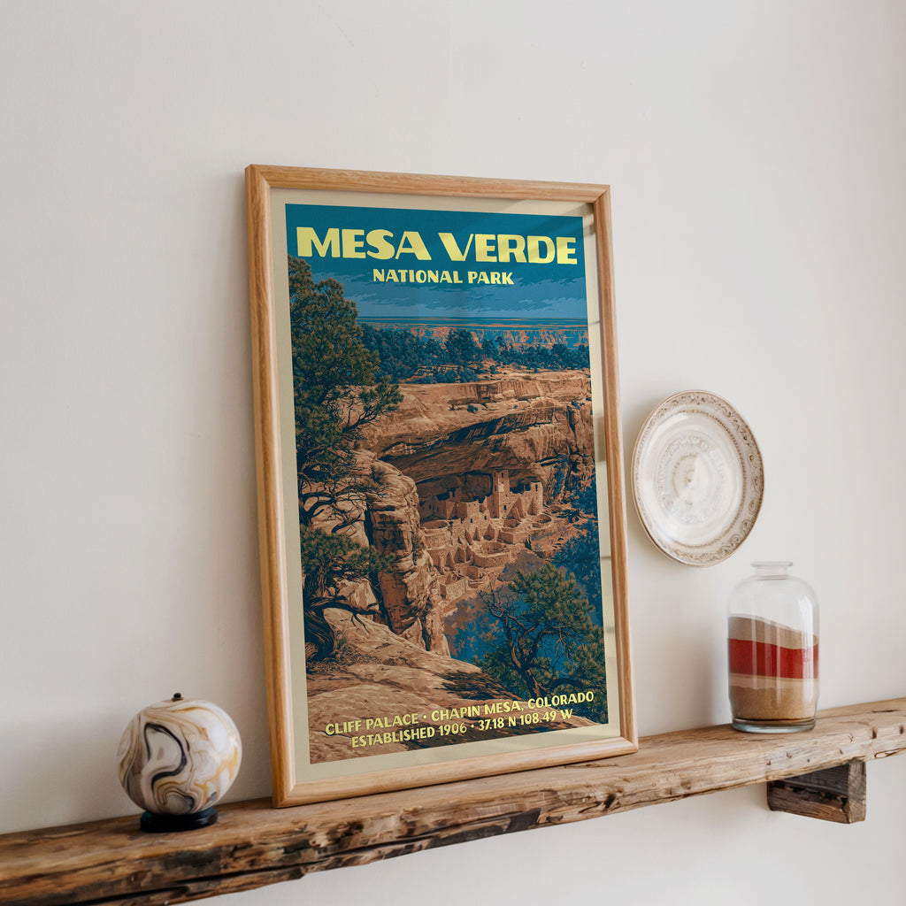 Mesa Verde Cliff Palace print in oak, leaning on a reclaimed wood ledge with a marbled sphere and sand jar