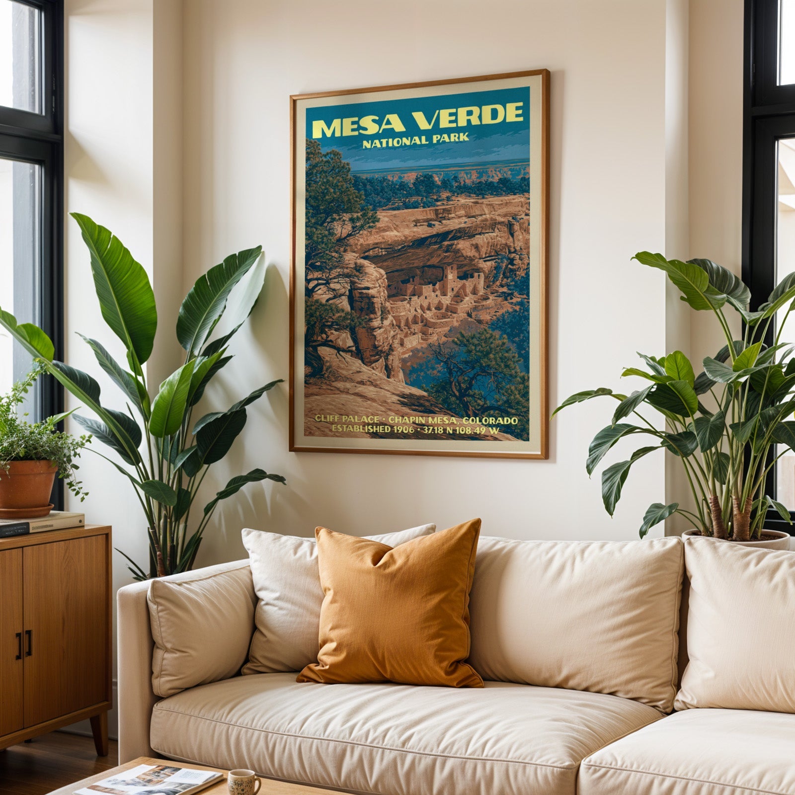 Mesa Verde vintage travel print in oak above a cream sofa with a rust cushion and tall houseplants