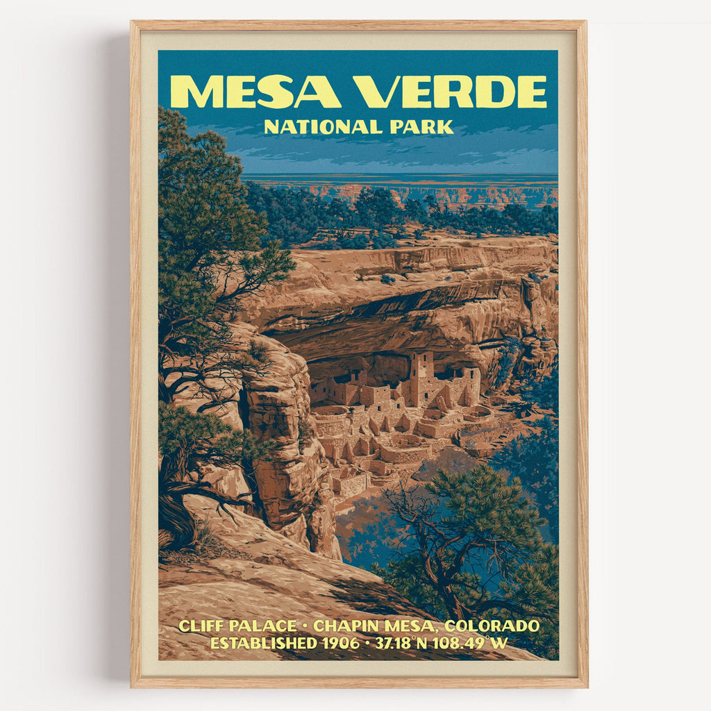 Cliff Palace Mesa Verde vintage poster in a light oak frame on a plain white wall