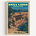 Cliff Palace Mesa Verde vintage poster in a light oak frame on a plain white wall