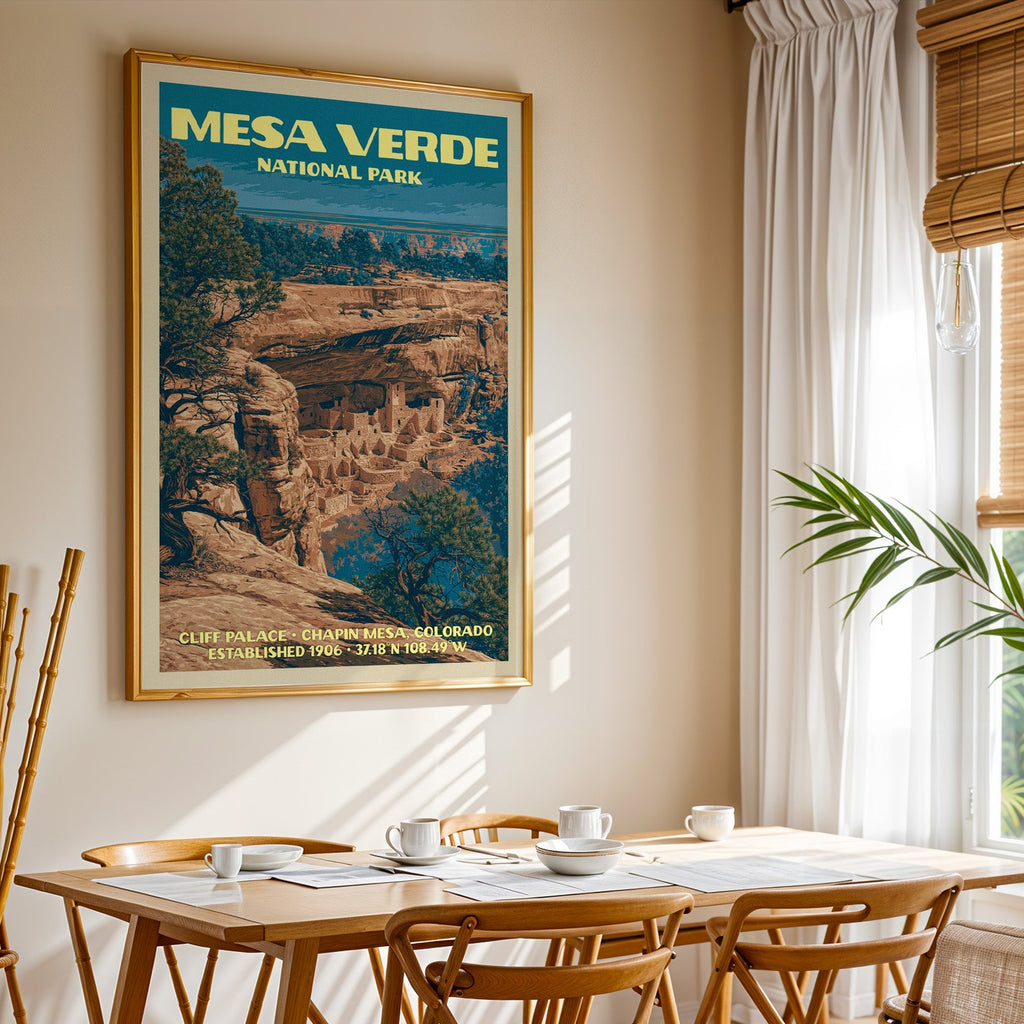 Mesa Verde National Park print in gold above a light oak dining table by a curtained window