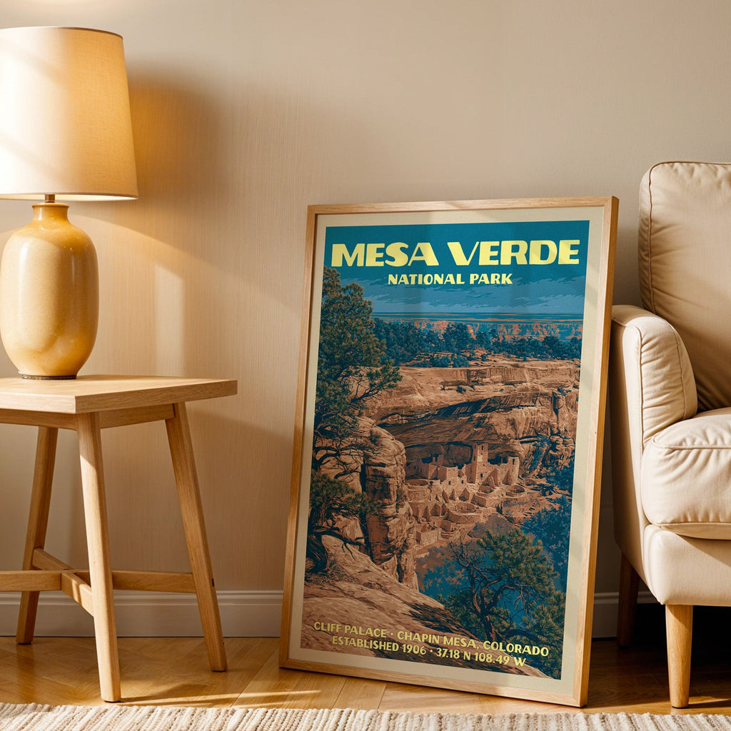 Cliff Palace Mesa Verde wall art in oak, leaning by an armchair and a side table with an ochre ceramic lamp