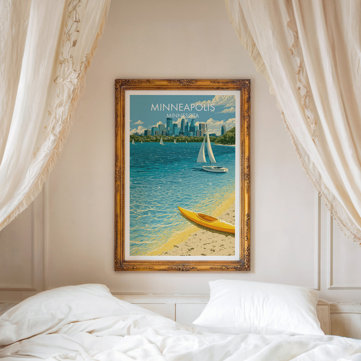 Minneapolis poster in a carved gold frame above a white bed with a linen canopy.
