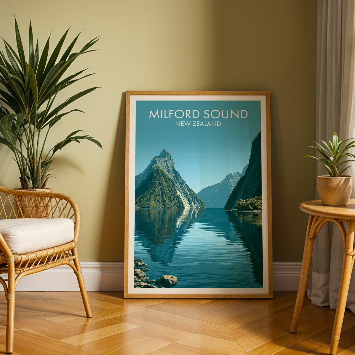 Mitre Peak art in an oak frame on herringbone parquet with an olive wall and rattan chair