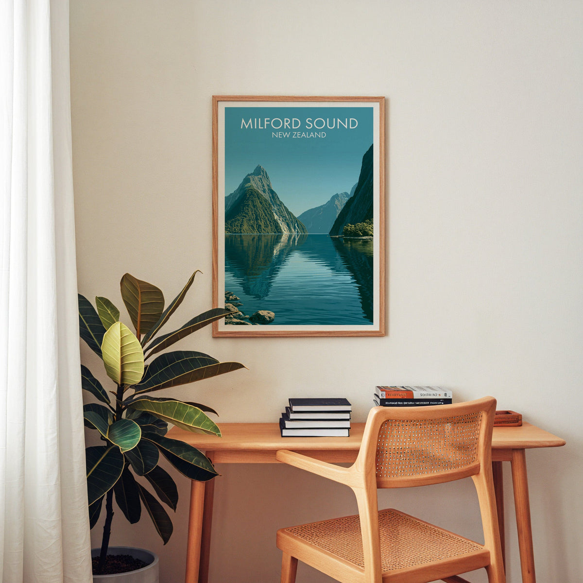 Fiord travel print in oak above a wooden home-office desk with a cane chair and rubber plant